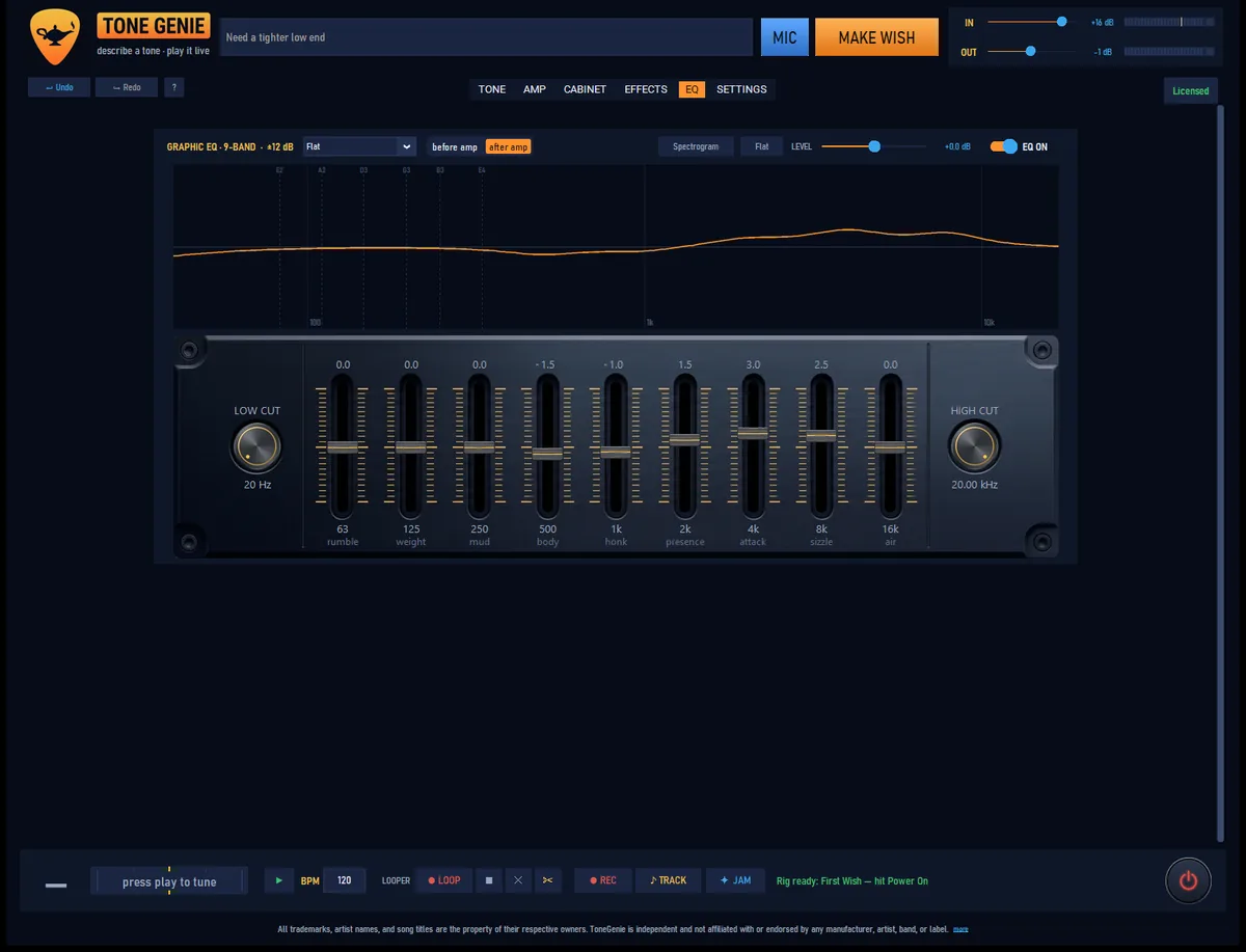 The EQ tab: response curve over a 9-band fader panel