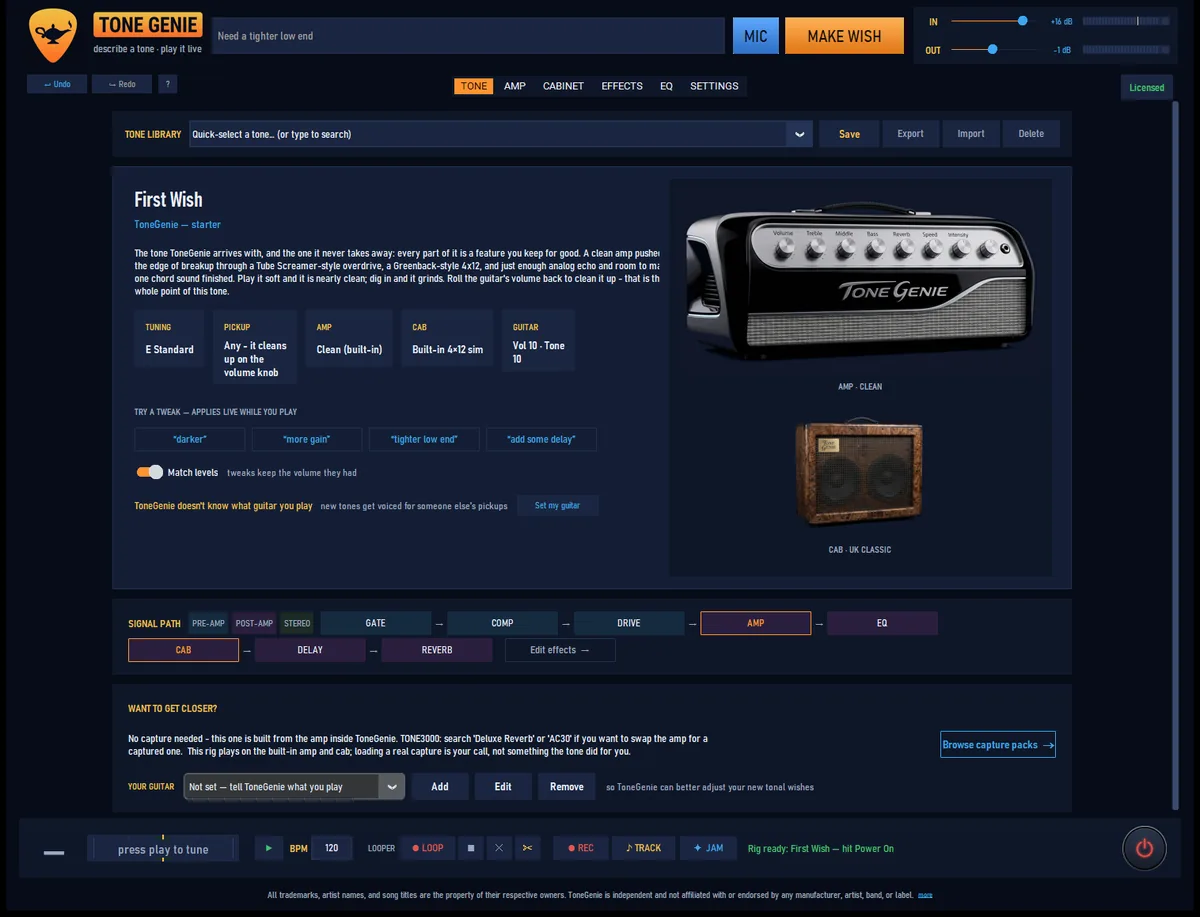 The ToneGenie TONE tab: the First Wish factory tone on the Clean amp voice with the UK Classic 4×12