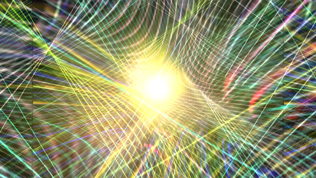 ToneGenie jam view running a MilkDrop preset: Light Rays