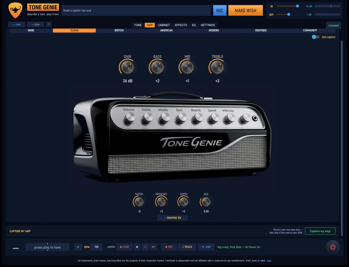 The AMP tab with the CLEAN voice selected and the full amp head shown